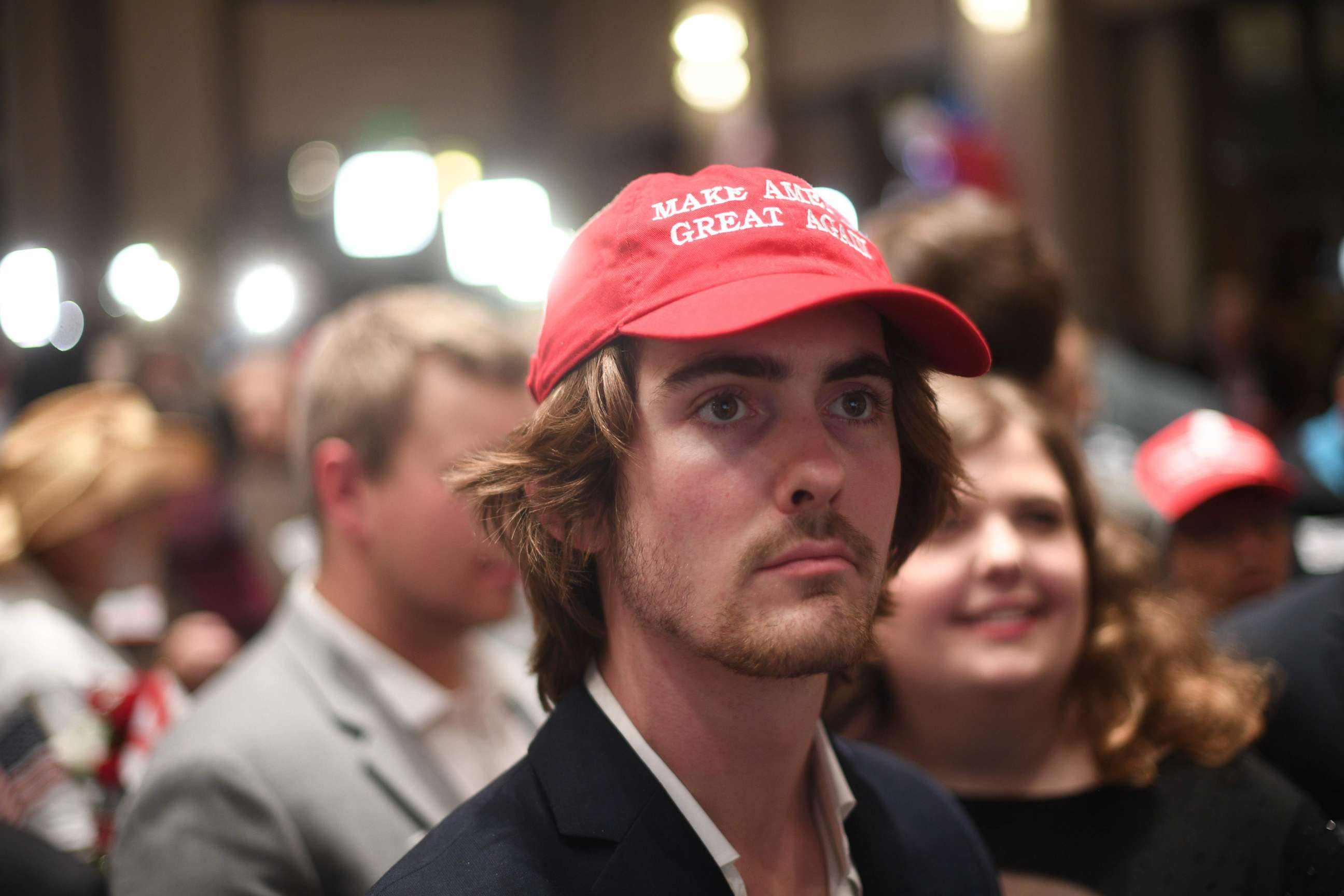 PHOTO: A supporter of Republican senatorial candidate Roy Moore watches results at an election night party in Montgomery, Ala., on Dec. 12, 2017.