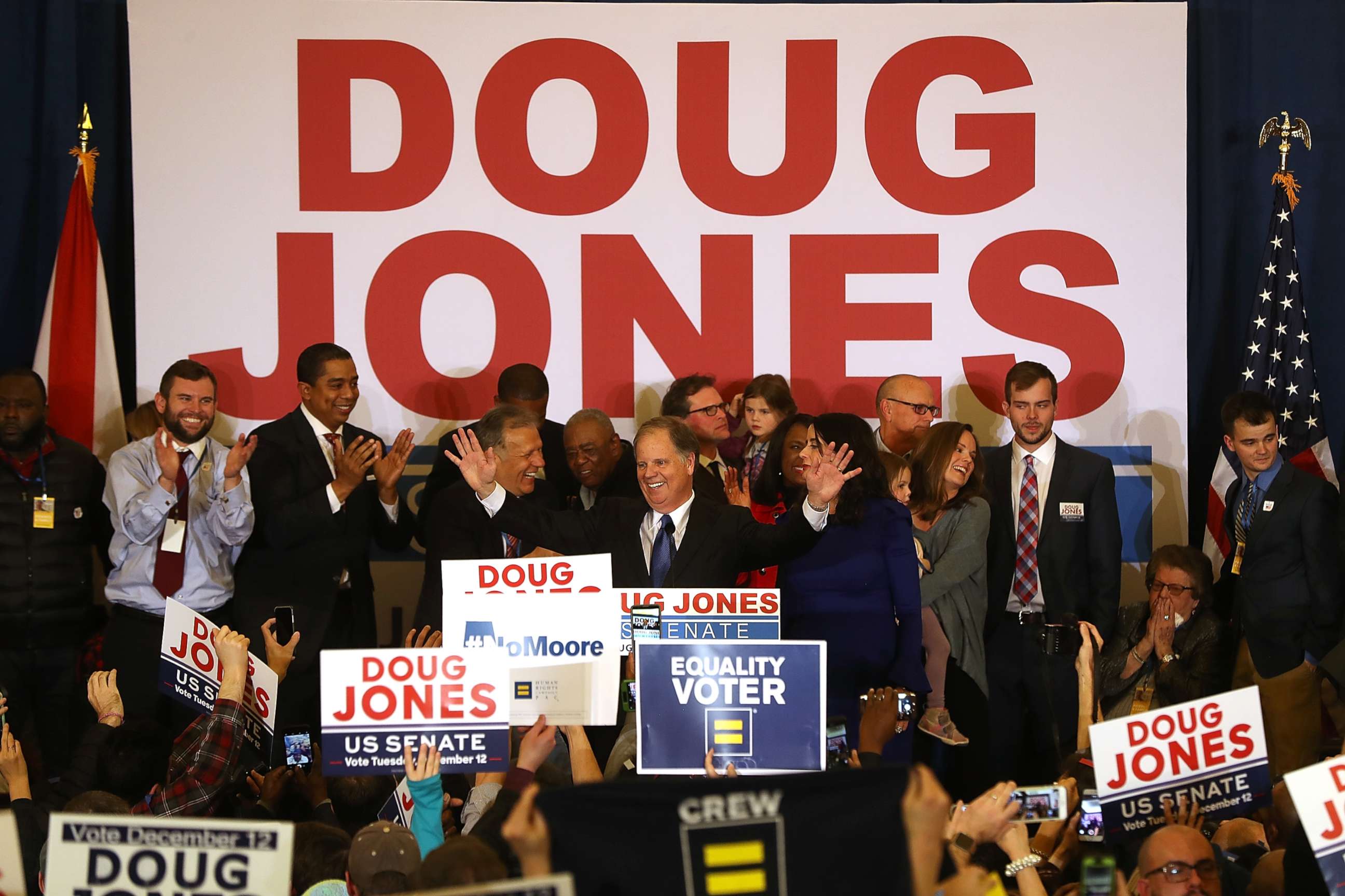 PHOTO: Senate candidate Doug Jones greets supporters during his election night gathering the Sheraton Hotel on Dec. 12, 2017 in Birmingham, Ala.