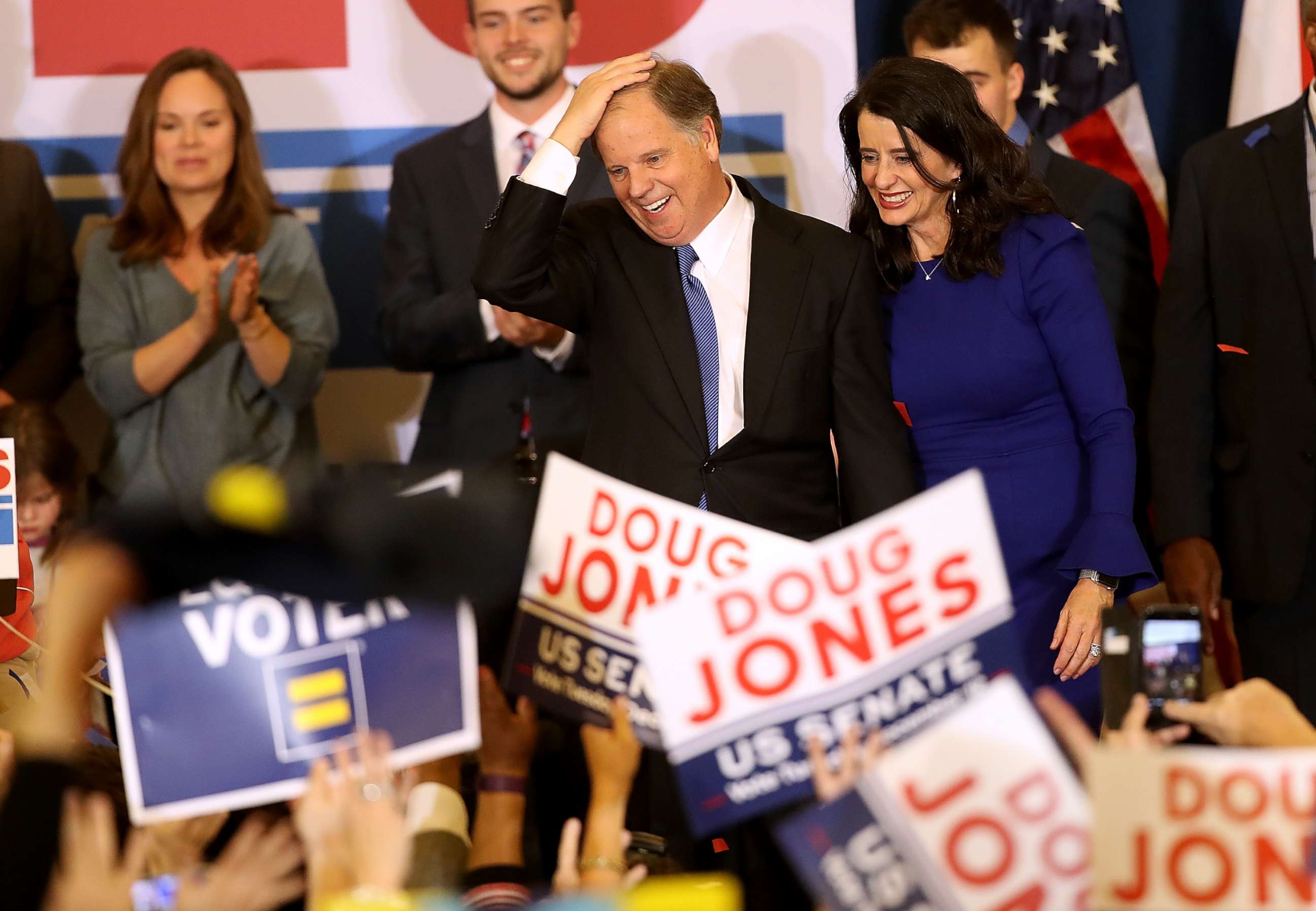 PHOTO: Senate candidate Doug Jones greets supporters during his election night gathering the Sheraton Hotel on Dec. 12, 2017 in Birmingham, Ala.