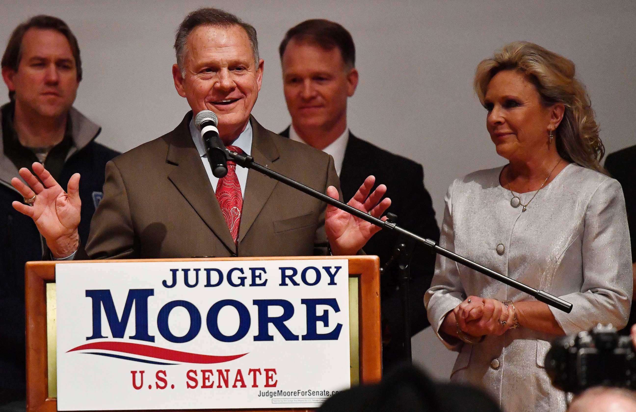 PHOTO: U.S. Senate candidate Roy Moore speaks as his wife looks son at the end of an election-night watch party at the RSA activity center, Dec. 12, 2017, in Montgomery, Ala.