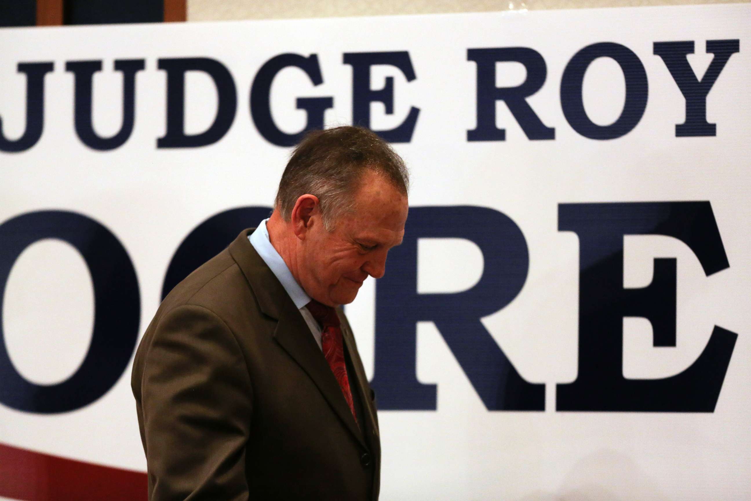 PHOTO: Republican Senate candidate Roy Moore walks off stage saying he would not concede defeat till all the votes were in and possibly demand a recount, at his watch party in Montgomery, Ala., Dec. 12, 2017.