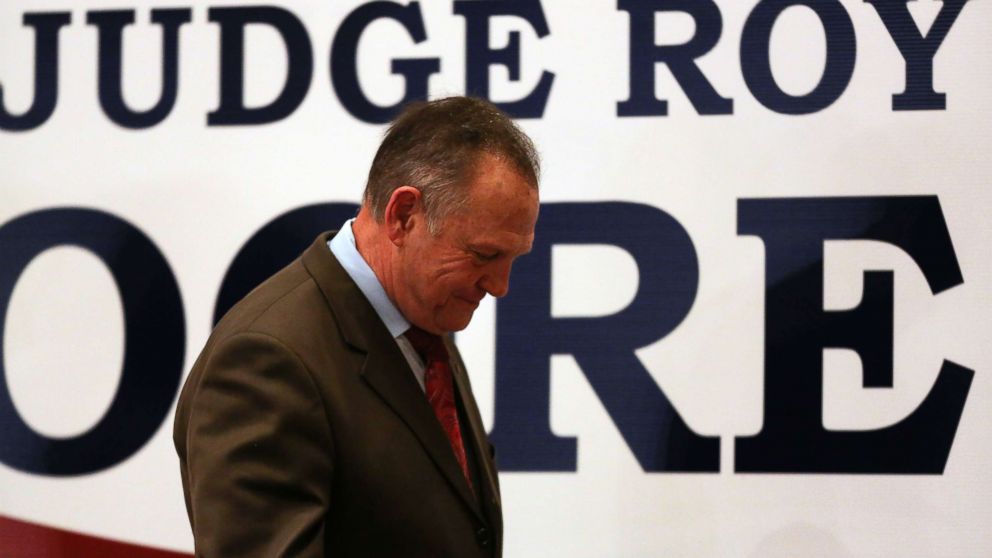 PHOTO: Republican Senate candidate Roy Moore walks off stage saying he would not concede defeat till all the votes were in and possibly demand a recount, at his watch party in Montgomery, Ala., Dec. 12, 2017.