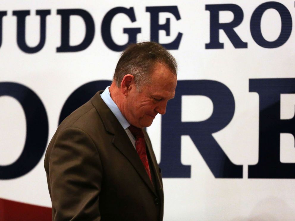 PHOTO: Republican Senate candidate Roy Moore walks off stage saying he would not concede defeat till all the votes were in and possibly demand a recount, at his watch party in Montgomery, Ala., Dec. 12, 2017.