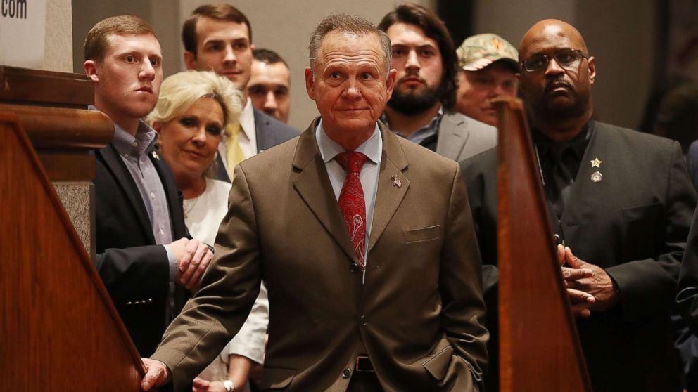 Republican Senatorial candidate Roy Moore waits to be introduced to speak about the race against his Democratic opponent Doug Jones during his election night party in the RSA Activity Center on Dec. 12, 2017 in Montgomery, Ala.