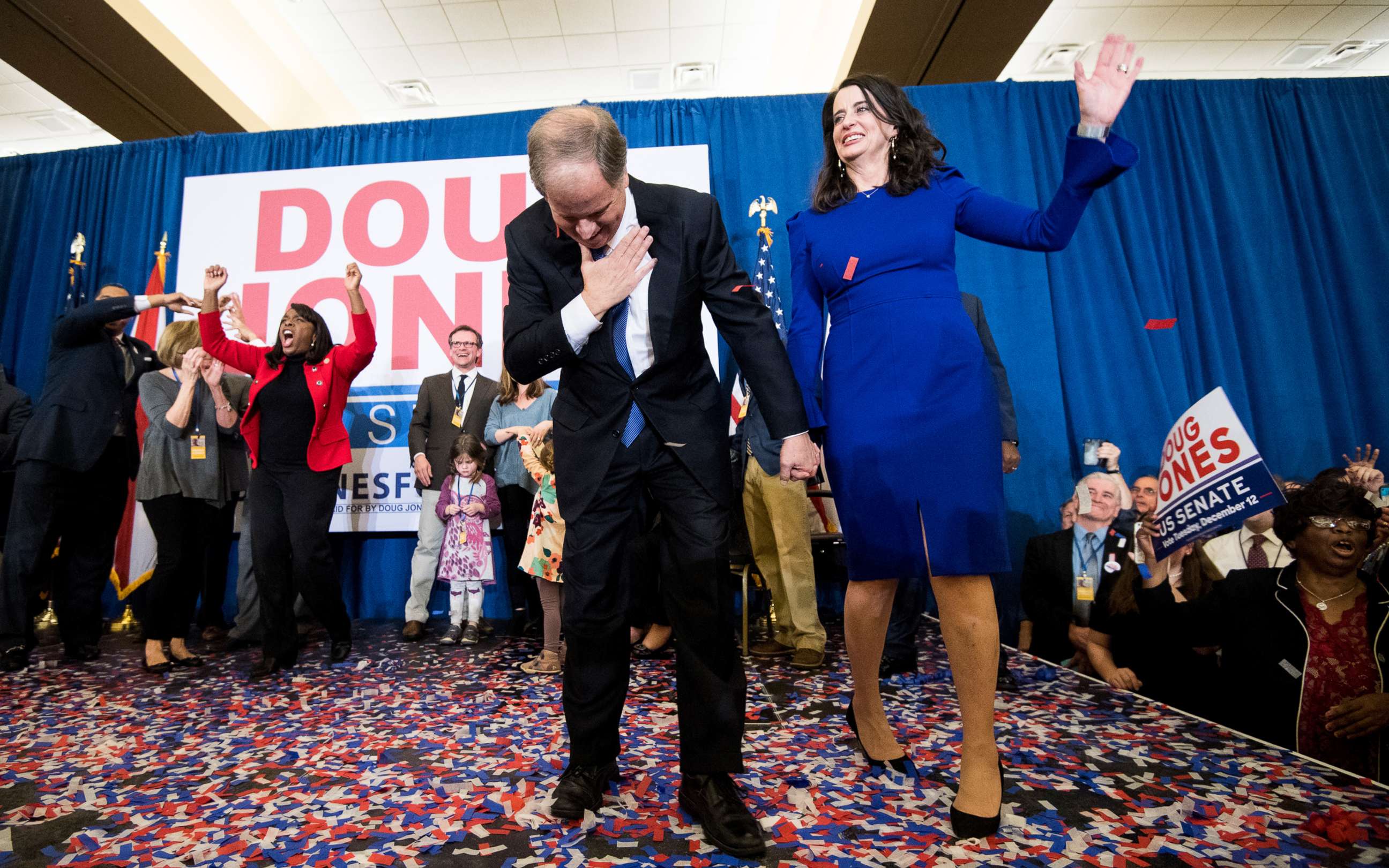 PHOTO: Alabama Senate candidate Doug Jones and his wife celebrate his projected victory over Judge Roy Moore at the Sheraton in Birmingham, Ala., Dec. 12, 2017.