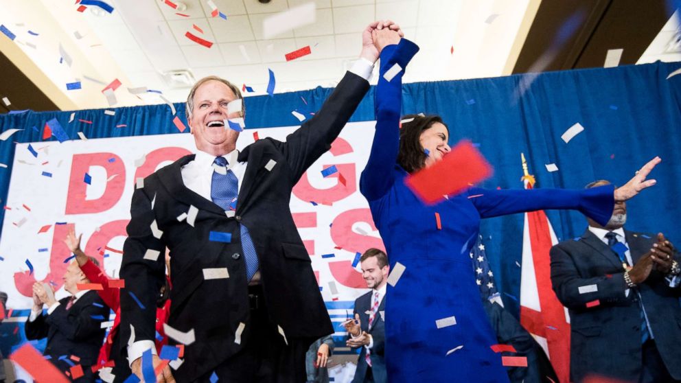 Alabama Democrat Doug Jones celebrates his projected victory over Judge Roy Moore at the Sheraton in Birmingham, Ala., Dec. 12, 2017.