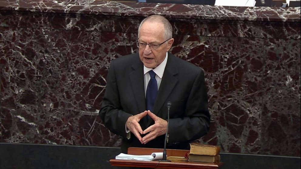 PHOTO: Alan Dershowitz speaks on the Senate floor during the impeachment trial of President Donald Trump, Jan. 27, 2020, in Washington, DC.