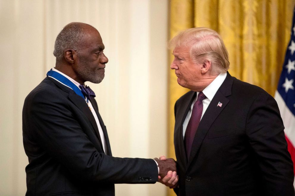 PHOTO: President Donald Trump awards former professional football player and Minnesota Supreme Court Associate Justice Alan Page the Medal of Freedom during a ceremony in the East Room of the White House, Nov. 16, 2018.