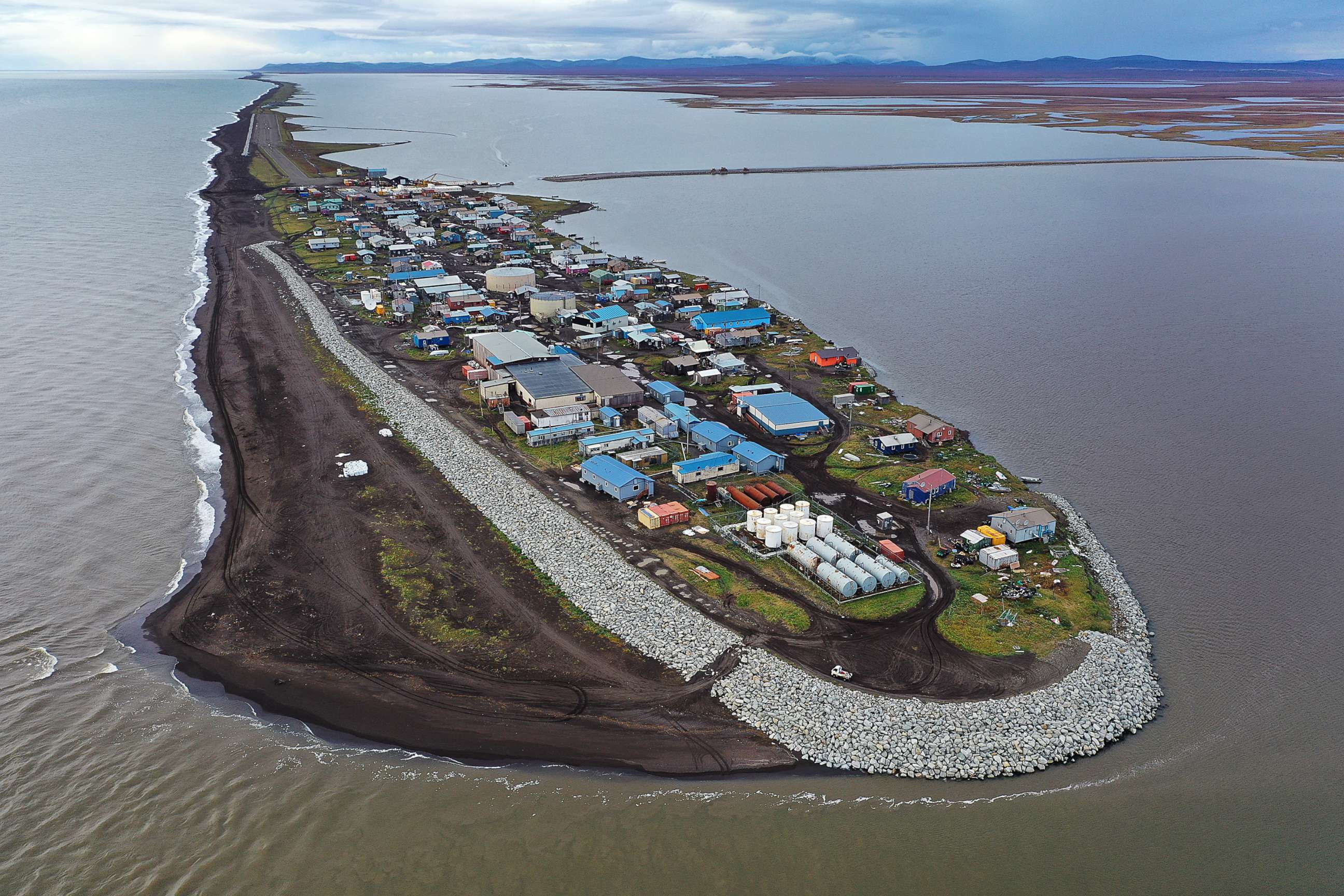 PHOTO: An aerial view of the remote village of Kivalina, which is at the very end of an eight-mile barrier reef located between a lagoon and the Chukchi Sea on Sept. 10, 2019 in Kivalina, Alaska.