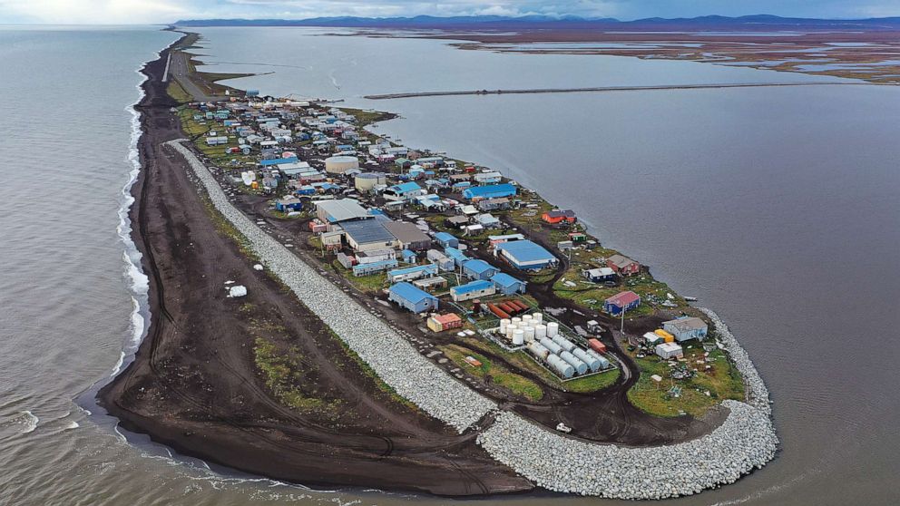 PHOTO: An aerial view of the remote village of Kivalina, which is at the very end of an eight-mile barrier reef located between a lagoon and the Chukchi Sea on Sept. 10, 2019 in Kivalina, Alaska.