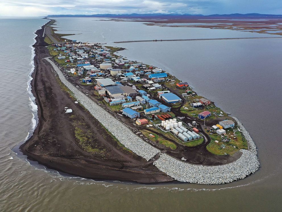 PHOTO: An aerial view of the remote village of Kivalina, which is at the very end of an eight-mile barrier reef located between a lagoon and the Chukchi Sea on Sept. 10, 2019 in Kivalina, Alaska.