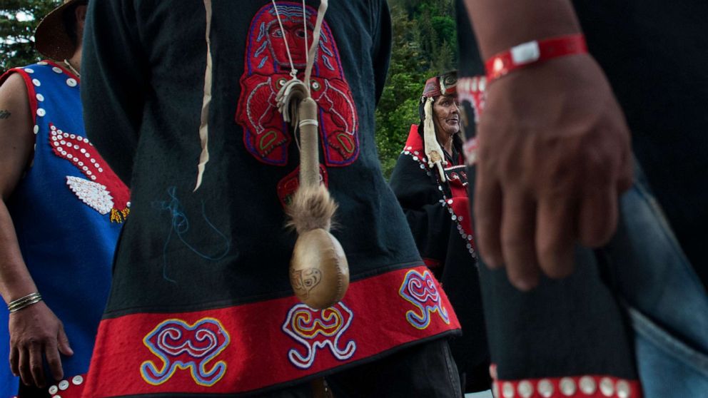 PHOTO: Alaskan tribal members are pictured during the grand entrance of a Native American event in Juneau, Alaska, June 11, 2014.