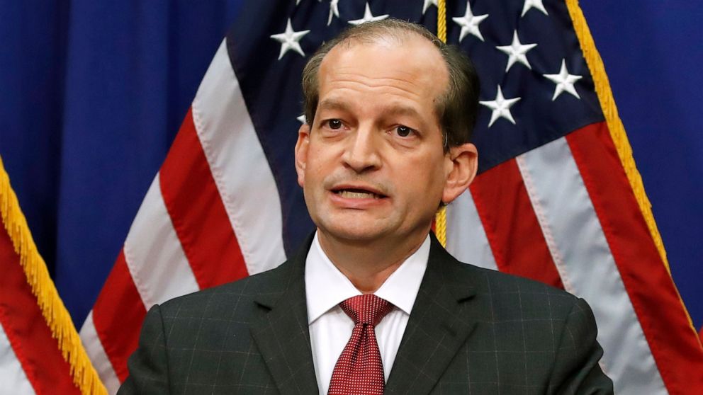 PHOTO: Labor Secretary Alex Acosta speaks during a media availability at the Department of Labor, July 10, 2019, in Washington.