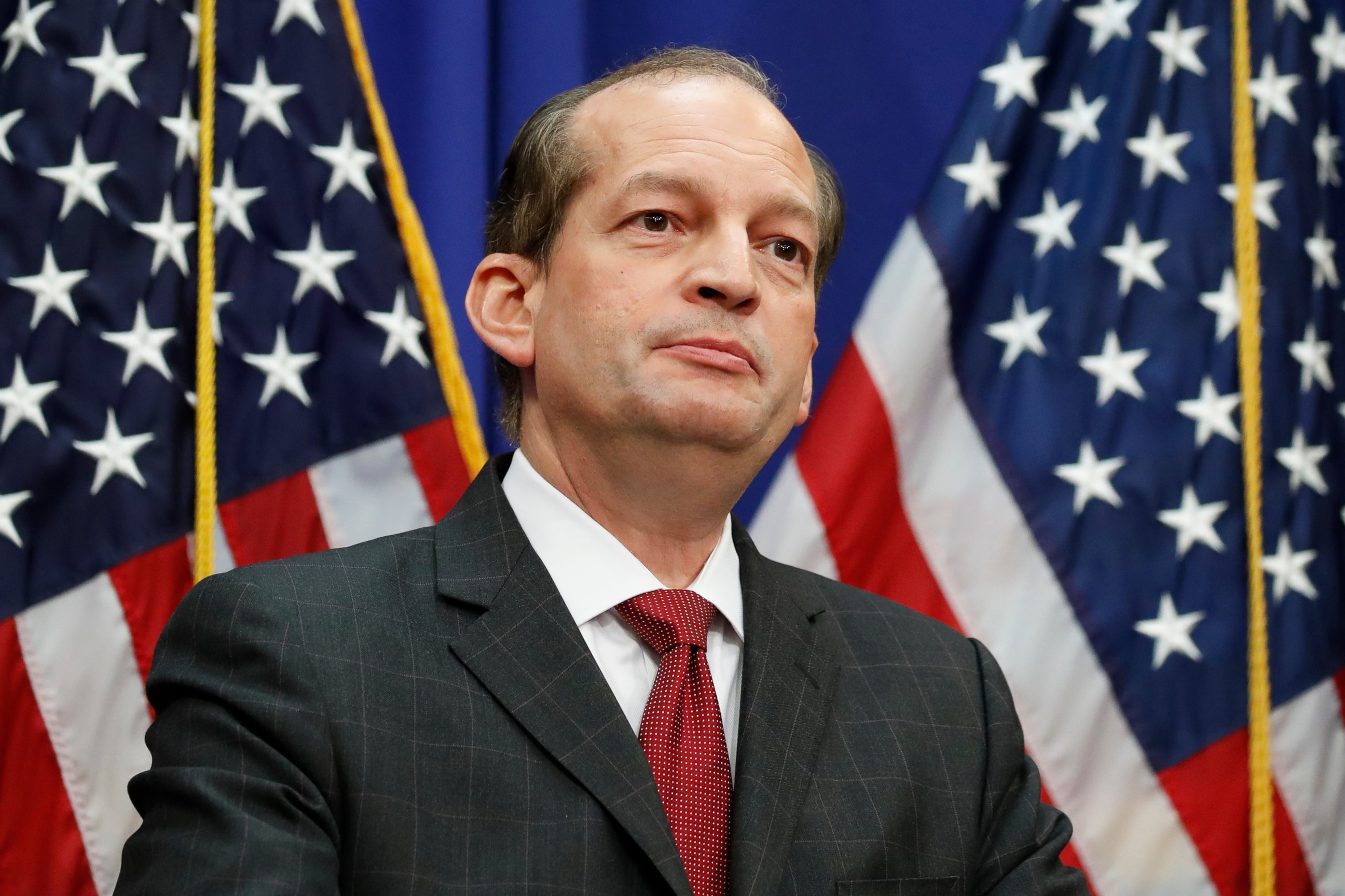 PHOTO: Labor Secretary Alex Acosta speaks during a media availability at the Department of Labor, Wednesday, July 10, 2019, in Washington. 
