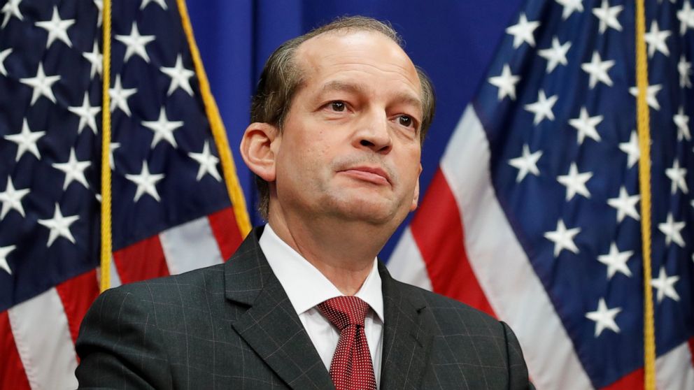 PHOTO: Labor Secretary Alex Acosta speaks during a media availability at the Department of Labor, Wednesday, July 10, 2019, in Washington. 