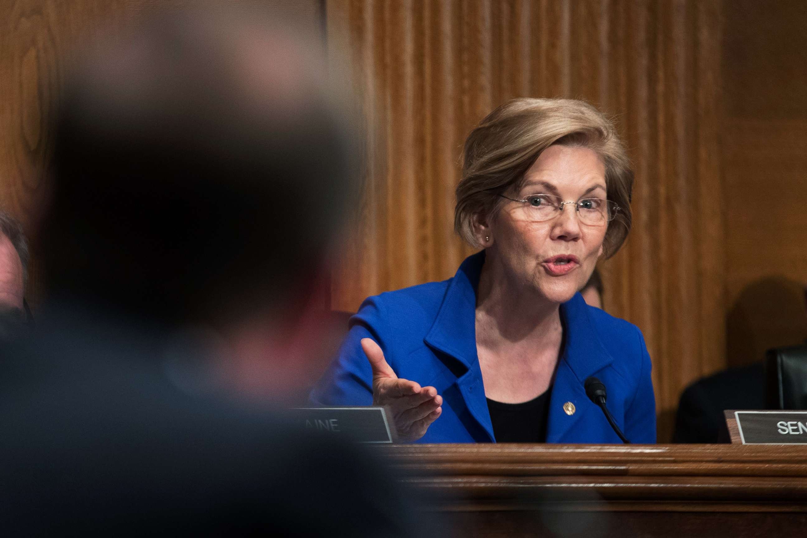 PHOTO: Senator Elizabeth Warren directs a question to Alex Azar during the Senate Health, Education, Labor and Pensions Committee hearing on Azar's nomination to be Secretary of Health and Human Services, on Capitol Hill in Washington, Nov. 29, 2017.