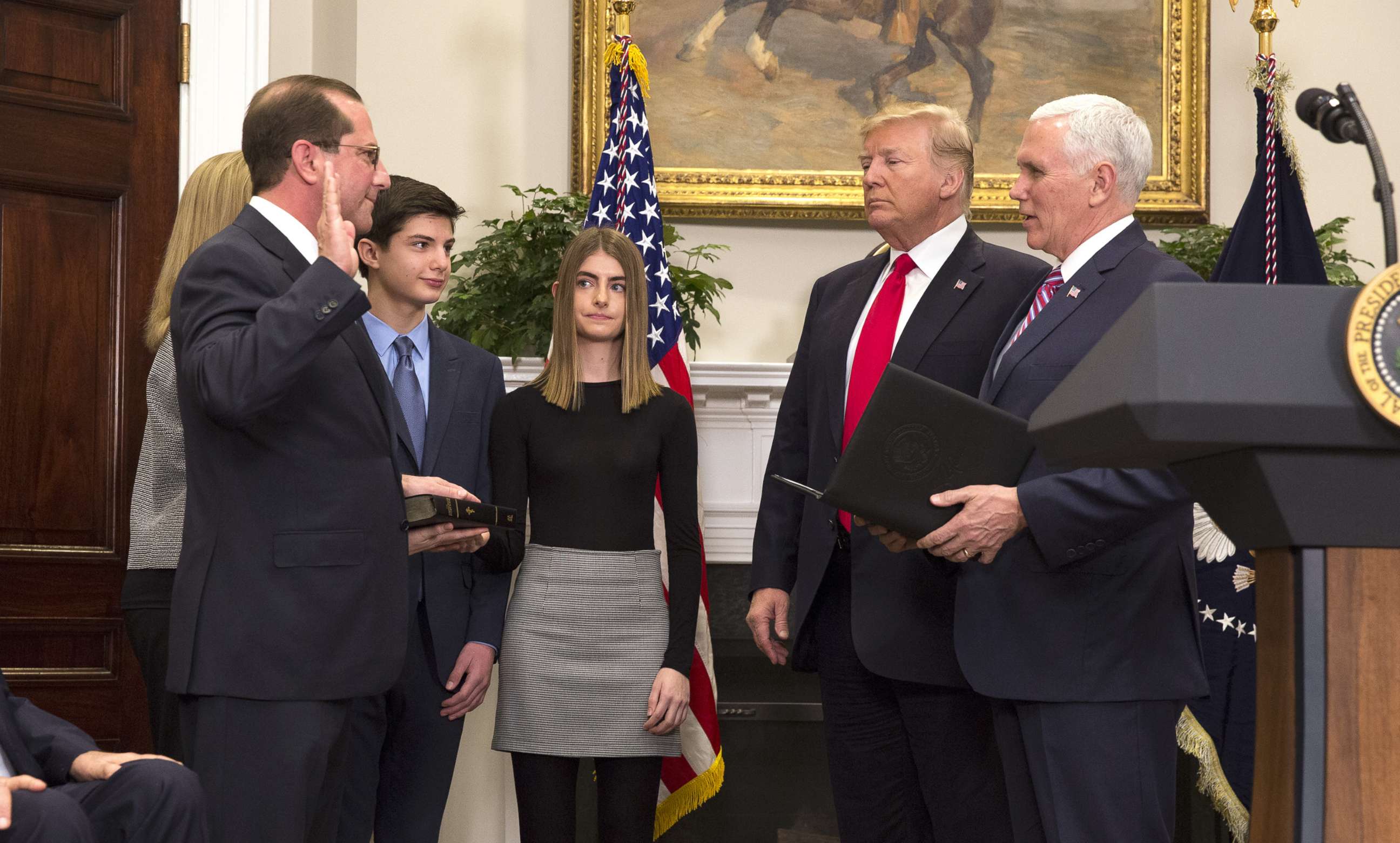 PHOTO: Vice President Mike Pence swears in Alex Azar as the new Secretary of the Department of Health and Human Services with President Donald J. Trump, Jan. 29, 2018 at The White House in Washington, DC. 