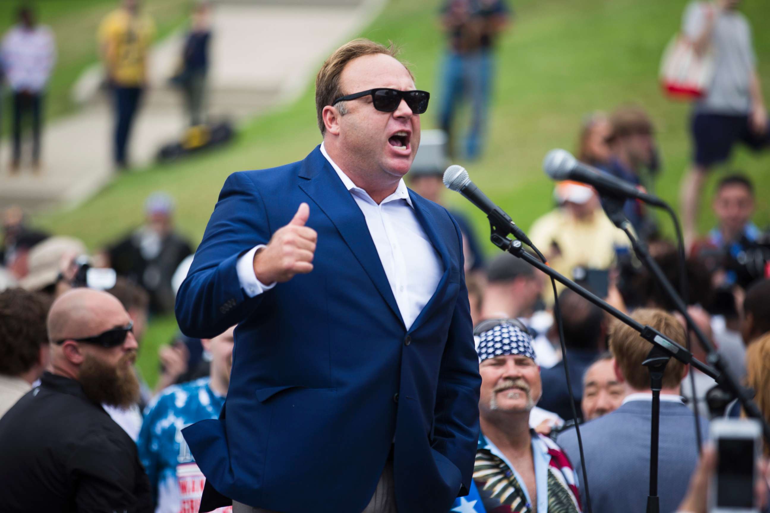 PHOTO: Conspiracy theorist and radio talk show host Alex Jones speaks during a rally in support of Donald Trump near the Republican National Convention July 18, 2016 in Cleveland.