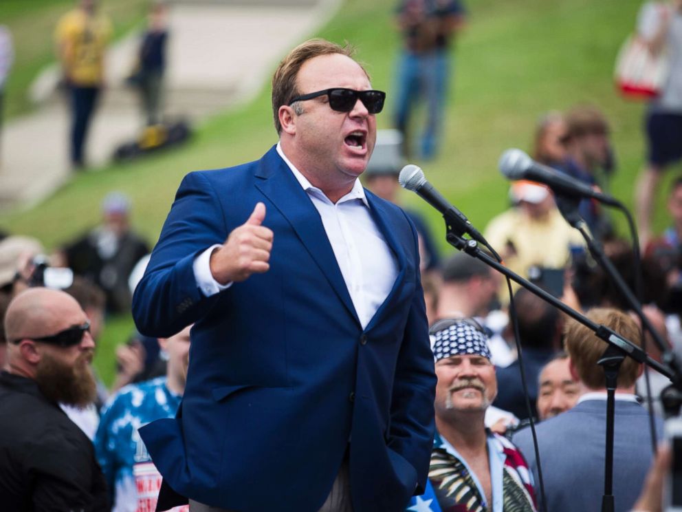 PHOTO: The conspiracy theorist and radio show host Alex Jones speaks at a rally in support of Donald Trump near the National Republican Convention on July 18, 2016 in Cleveland.