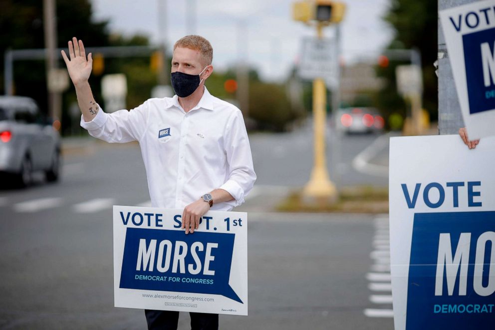 PHOTO: Holyoke Mayor Alex Morse, Democratic candidate in Massachusetts' 4th Congressional District primary election, stands with supporters at the corner of East Street and Fourth Street in Pittsfield, Mass., Sept. 1, 2020.