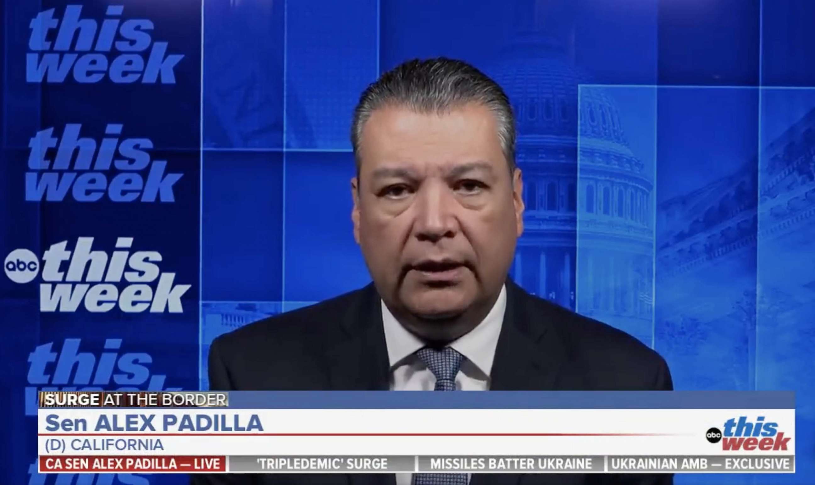 PHOTO: A video grab show Alex Padilla in an interview with Martha Raddatz, not seen, on This Week.