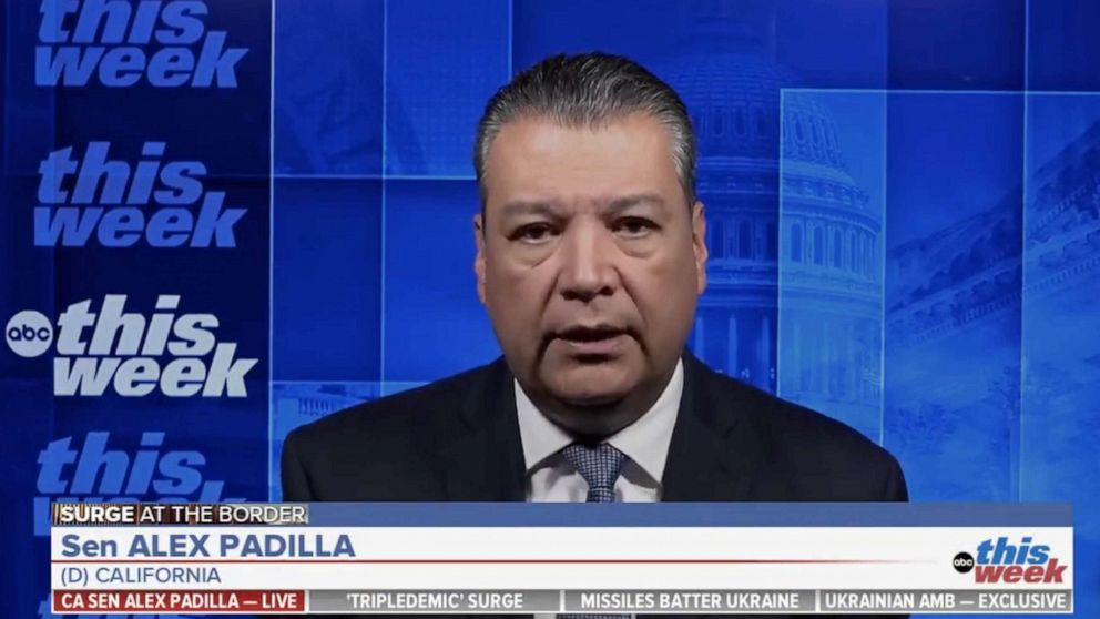 PHOTO: A video grab show Alex Padilla in an interview with Martha Raddatz, not seen, on This Week.