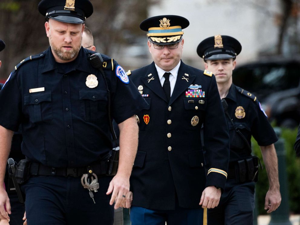 PHOTO: Army Lieutenant Colonel Alexander Vindman, a military officer at the National Security Council, center, arrives on Capitol Hill in Washington, D.C., Oct. 29, 2019.