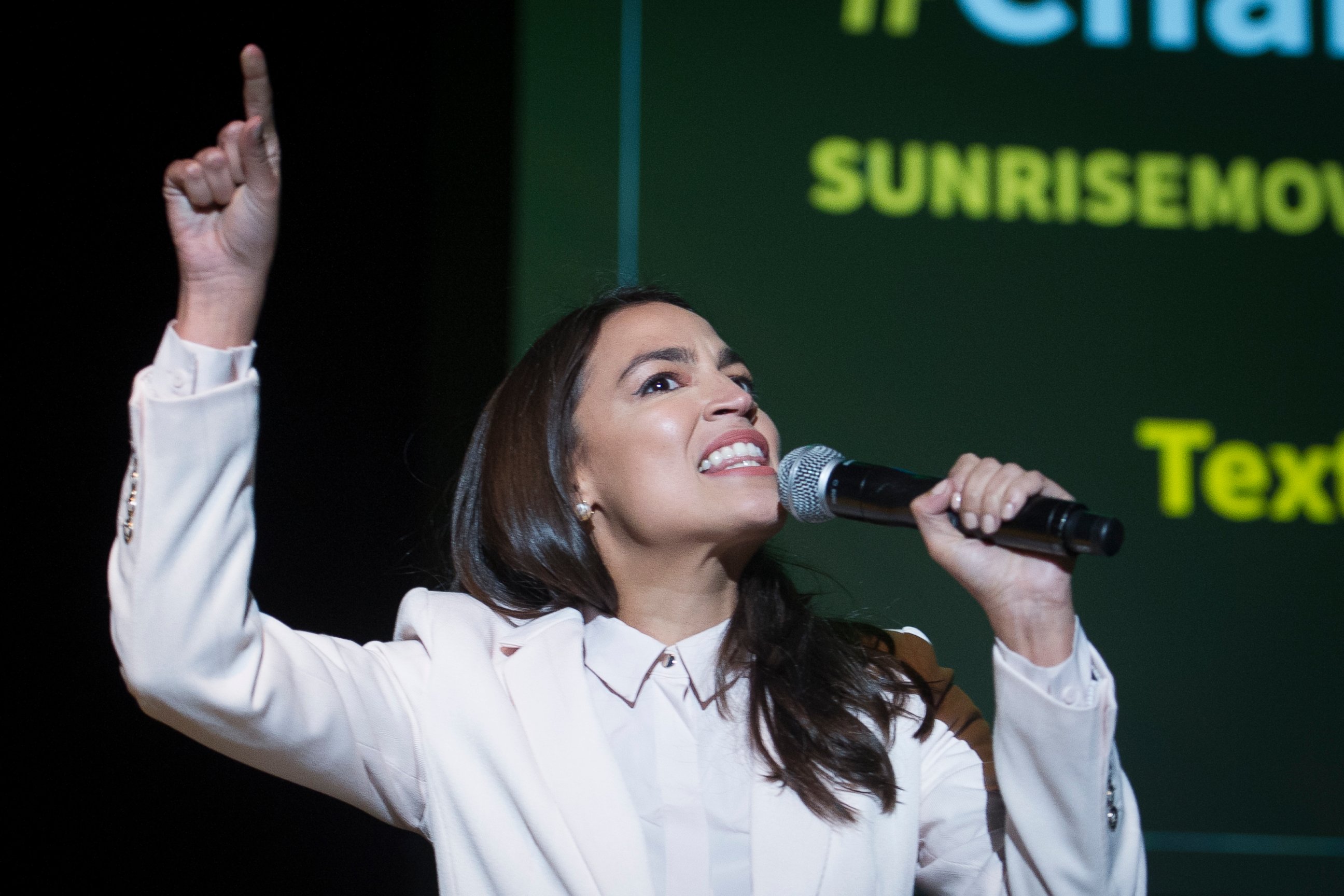 PHOTO: Rep. Alexandra Ocasio-Cortez, D-N.Y., addresses The Road to the Green New Deal Tour final event at Howard University in Washington, Monday, May 13, 2019.