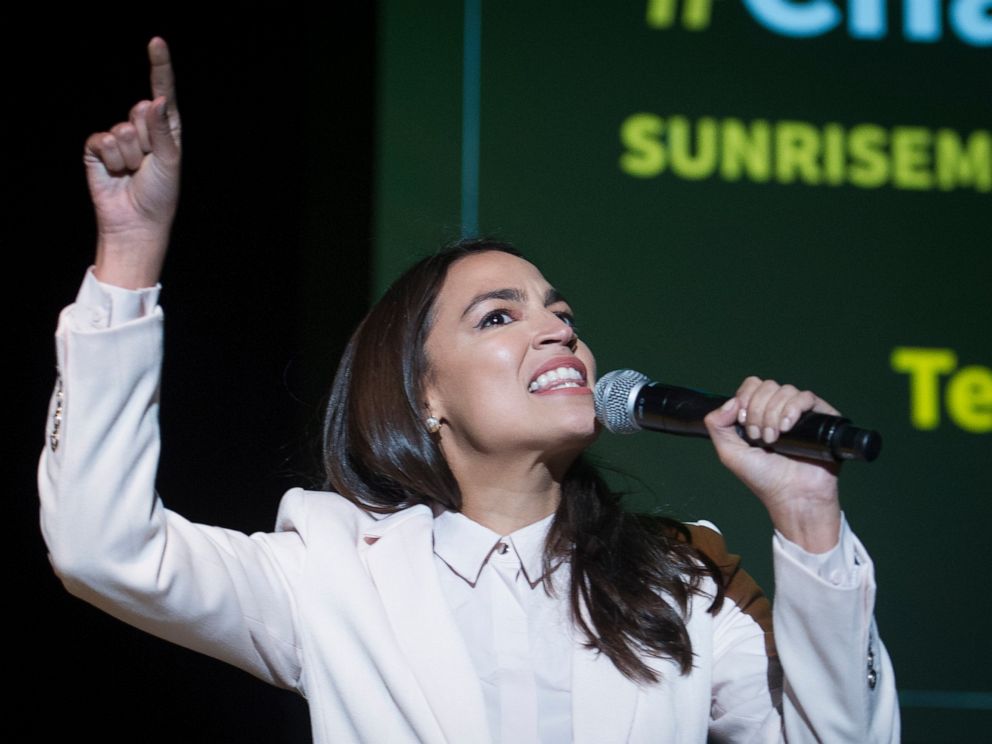 PHOTO: Rep. Alexandra Ocasio-Cortez, D-N.Y., addresses The Road to the Green New Deal Tour final event at Howard University in Washington, Monday, May 13, 2019.