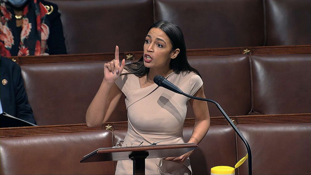 PHOTO:In this image from video, Rep. Alexandria Ocasio-Cortez, D-N.Y., speaks on the floor of the House of Representatives at the U.S. Capitol, April 23, 2020.