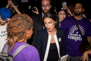 PHOTO: Alexandria Ocasio-Cortez celebrates with supporters at a victory party in the Bronx after upsetting incumbent Democratic Representative Joseph Crowly, June 26, 2018, in New York City.