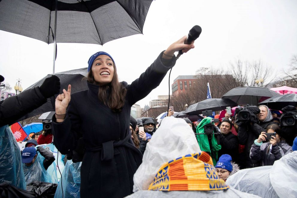PHOTO: Rep. Alexandria Ocasio-Cortez delivers remarks to activists during a protest outside the White House in Washington, Feb. 12, 2019.