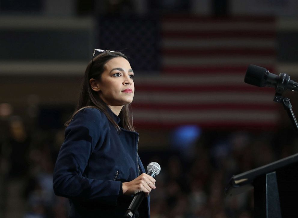 PHOTO: Rep. Alexandria Ocasio-Cortez speaks before introducing Democratic presidential candidate Sen. Bernie Sanders  to the stage during his campaign event at the Whittemore Center Arena, Feb. 10, 2020, in Durham, New Hampshire.