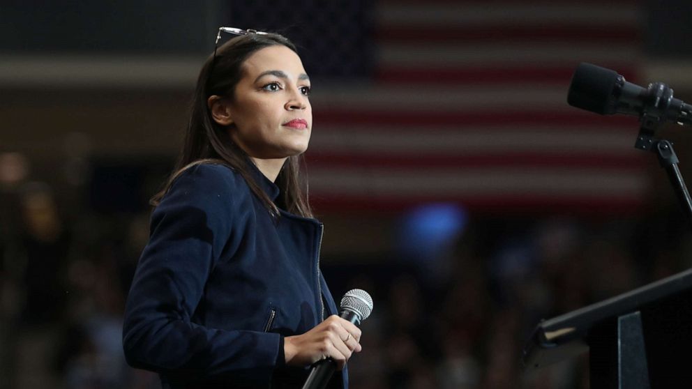 PHOTO: Rep. Alexandria Ocasio-Cortez speaks before introducing Democratic presidential candidate Sen. Bernie Sanders  to the stage during his campaign event at the Whittemore Center Arena, Feb. 10, 2020, in Durham, New Hampshire.