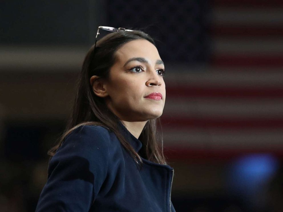 PHOTO: Rep. Alexandria Ocasio-Cortez speaks before introducing Democratic presidential candidate Sen. Bernie Sanders  to the stage during his campaign event at the Whittemore Center Arena, Feb. 10, 2020, in Durham, New Hampshire.