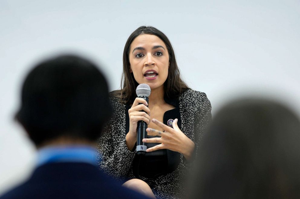 PHOTO: U.S. Rep. Alexandria Ocasio-Cortez speaks at an event at the US Climate Action Center at the COP26 U.N. Climate Summit in Glasgow, Scotland, Nov. 9, 2021.