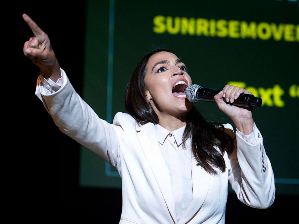 PHOTO:Rep. Alexandria Ocasio-Cortez, speaks at the final event for the Road to the Green New Deal Tour in Washington, D.C., Monday, May 13, 2019.