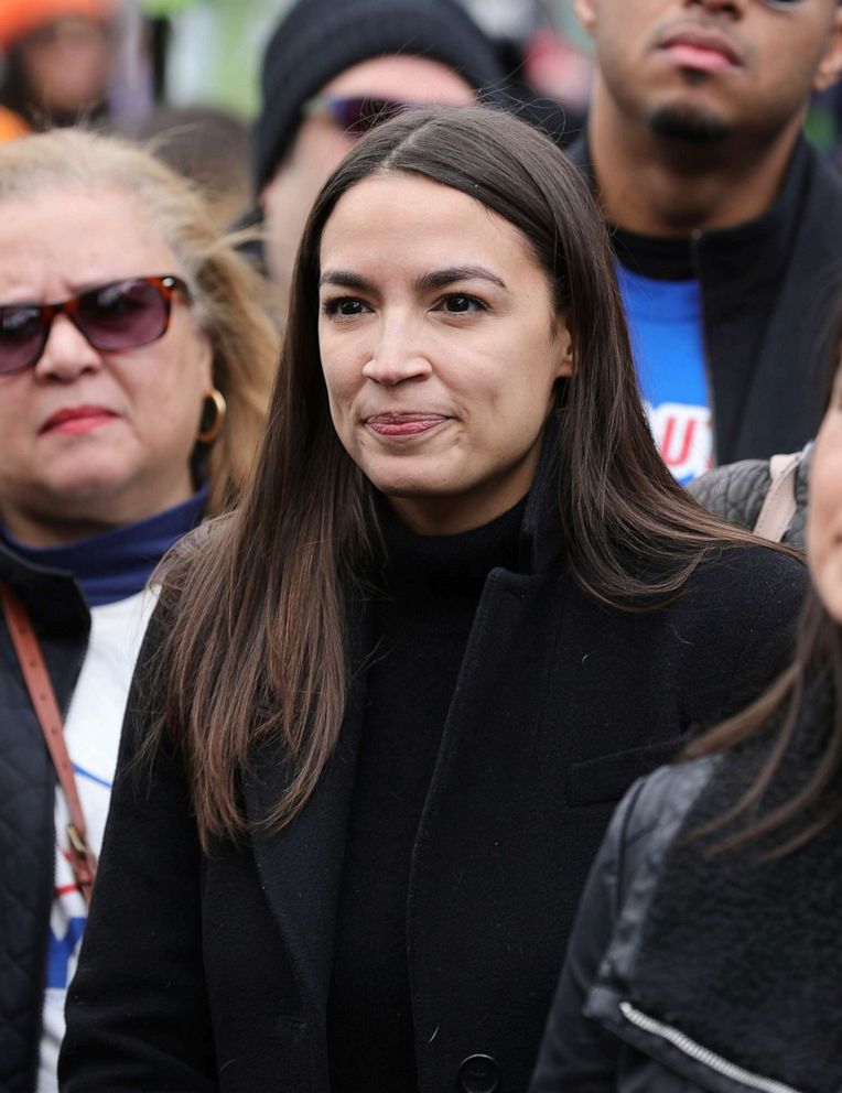 PHOTO: Senator Alexandria Ocasio-Cortez rallies with volunteers today in Jackson Heights, Queens, as part of her 2022 election campaign, March 27, 2022.