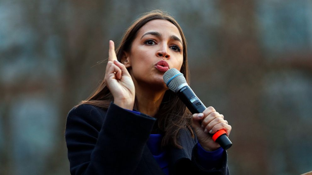 PHOTO: In this March 8, 2020, file photo Rep. Alexandria Ocasio-Cortez, D-NY., speaks at a campaign rally for then-Democratic presidential candidate Sen. Bernie Sanders, I-Vt., in Ann Arbor, Mich.