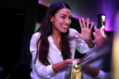 PHOTO: Alexandria Ocasio-Cortez celebrates her victory at La Boom night club in Queens, New York, Nov. 6, 2018.