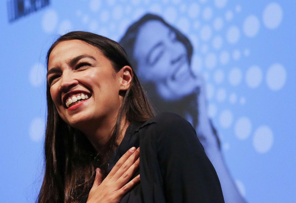 PHOTO: New York House candidate Alexandria Ocasio-Cortez smiles at a progressive fundraiser in Los Angeles, August 2, 2018.