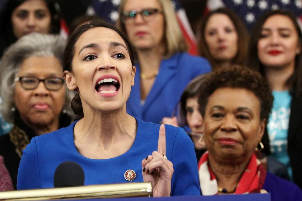 PHOTO: U.S. Rep. Alexandria Ocasio-Cortez speaks as other House Democrats listen during a news conference at the U.S. Capitol in Washington, D.C., Jan. 30, 2019.