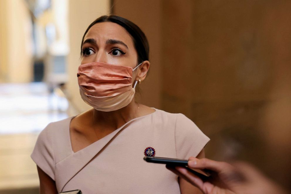 PHOTO: Rep. Alexandria Ocasio-Cortez speaks with reporters on Capitol Hill in Washington, May 13, 2021.