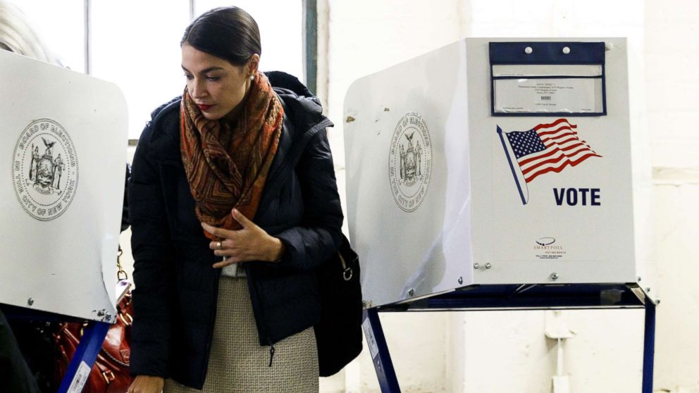 PHOTO: Alexandria Ocasio-Cortez casts her vote in the 2018 mid-term general election at a polling site in the Bronx, New York, Nov. 6, 2018.