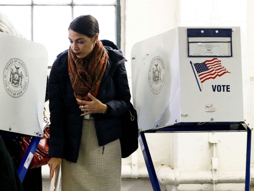 PHOTO: Alexandria Ocasio-Cortez casts her vote in the 2018 mid-term general election at a polling site in the Bronx, New York, Nov. 6, 2018.
