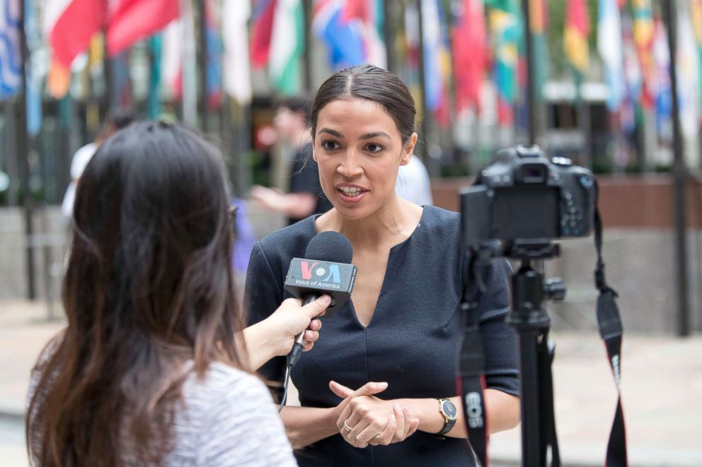 PHOTO: Alexandria Ocasio-Cortez, is photographed while being interviewed in Rockefeller Center, June 27, 2018, in New York City.