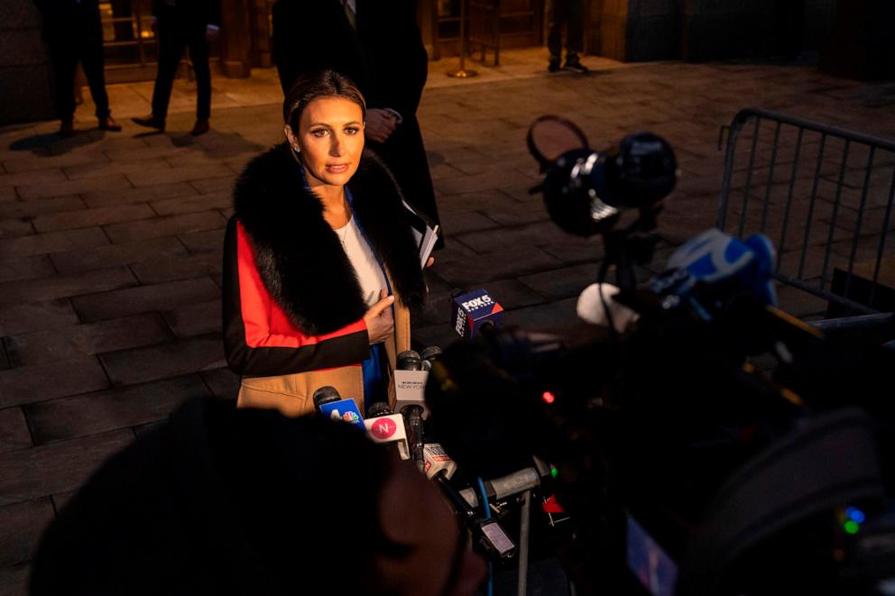 PHOTO: Alina Habba, one of former President Donald Trump's attorneys, speaks to the member of the media outside Federal court, on Jan 26, 2024, in New York. 