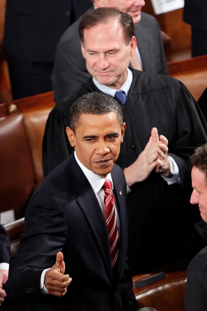 PHOTO: Supreme Court Justice Samuel Alito looks on on as President Barack Obama enters the chamber before speaking to both houses of Congress during his first State of the Union address at the Capitol on Jan. 27, 2010 in Washington, D.C.