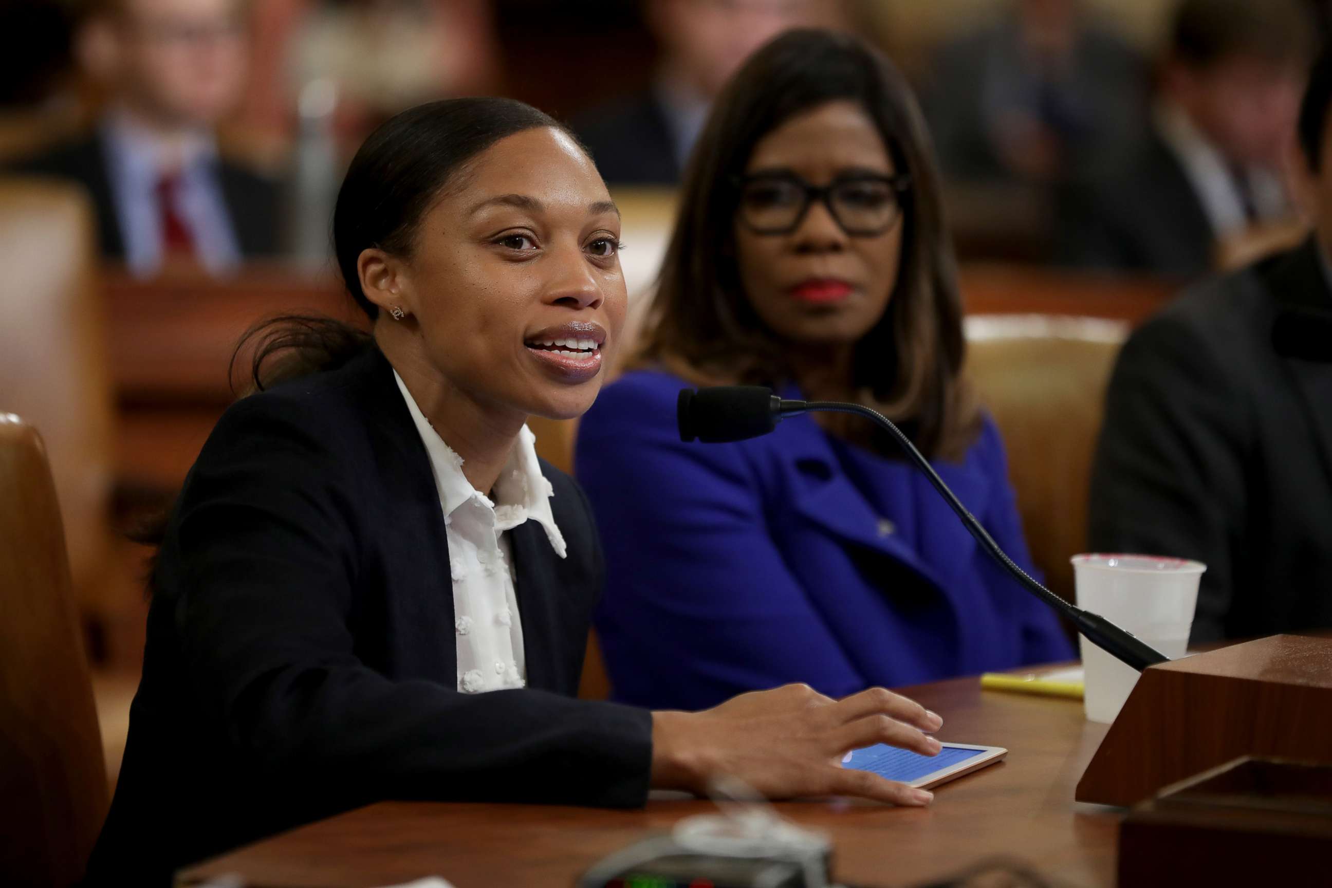 PHOTO: Allyson Felix testifies before the House Ways and Means Committee about how a severe case of preeclampsia led to an emergency C-section childbirth at 32 weeks during a hearing about maternal mortality on Capitol Hill, May 16, 2019.