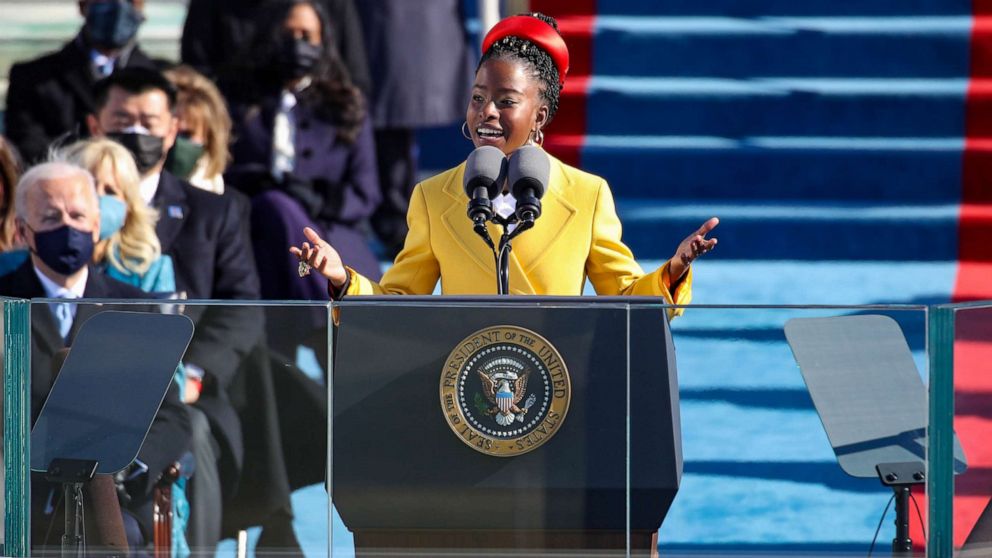 PHOTO: Youth Poet Laureate Amanda Gorman speaks at the inauguration of President Joe Biden on the West Front of the U.S. Capitol on Jan. 20, 2021, in Washington, D.C.